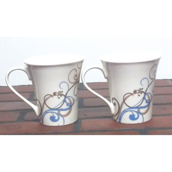 2 Coventry Coffee Mugs Porcelain Fine China CHOCO SCROLL beige blue brown PRETTY - Picture 3 of 9